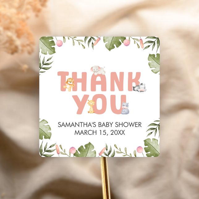 Girl Safari Animal Baby Shower  Quadratischer Aufkleber (Safari Jungle Animals Baby Shower Sticker)