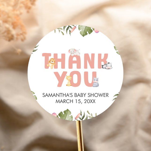Girl Safari Animal Baby Shower  Runder Aufkleber (Safari Jungle Animals Baby Shower Sticker)
