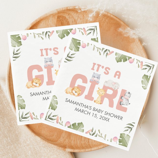 Girl Safari Animal Baby Shower  Serviette (Safari Jungle Animals Baby Shower Napkin)