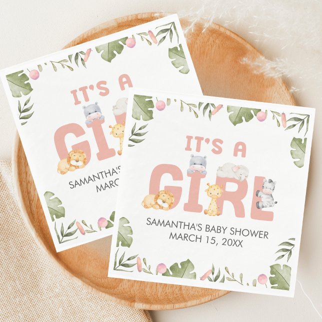 Girl Safari Animal Baby Shower  Serviette (Safari Jungle Animals Baby Shower Napkin)