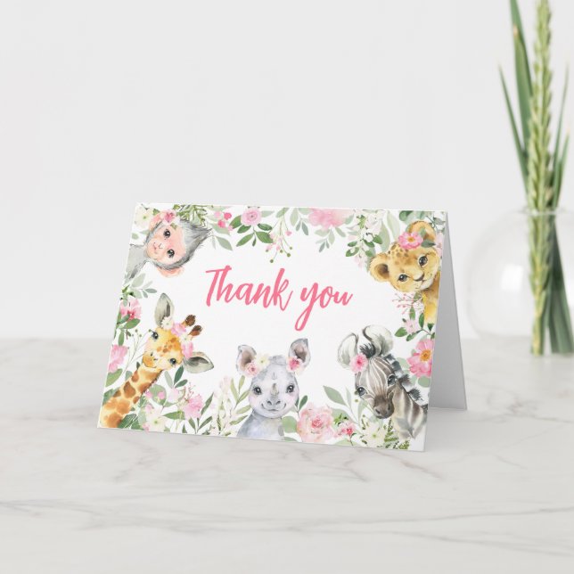 Girl Safari Animals Baby Dusche Dankeskarte (Vorderseite)