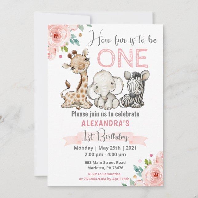 Girl Safari Baby Animals 1. Geburtstag Einladung (Vorderseite)