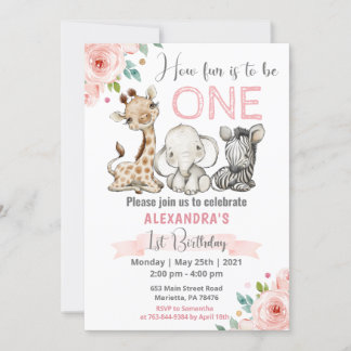 Girl Safari Baby Animals 1. Geburtstag Einladung