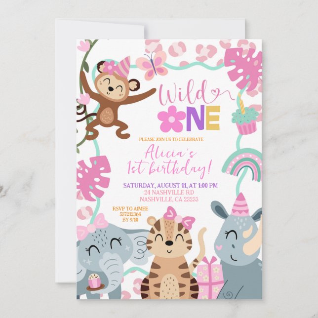 Girl Safari Birthday Wild One Party invitation Einladung (Vorderseite)