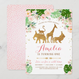Girl Safari Pink Gold Einladung zum Geburtstag