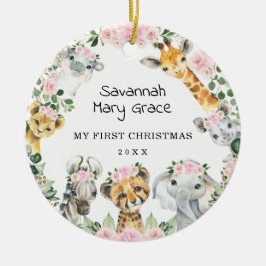 Girl Safari Tiere Pink Floral Baby 1. Weihnachten Keramik Ornament