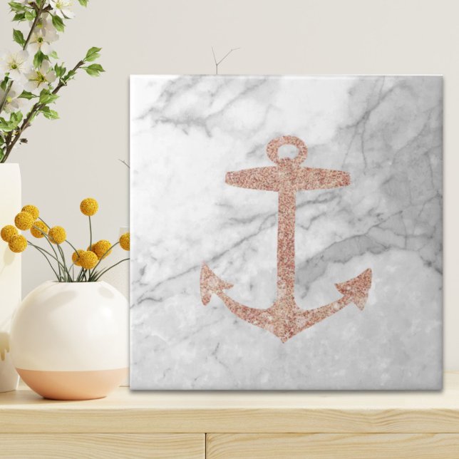 Girl-schicke Strand Rose Goldanker weißer Marmor Fliese (girly chic beach rose gold anchor white marble ceramic tile)
