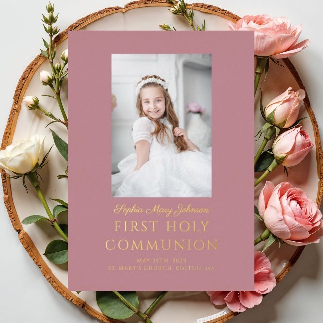 Girl Script Foto Erste Rose der heiligen Kommunion Folieneinladung (Pink Photo Girl First Communion Rose Gold Foil Invitation)