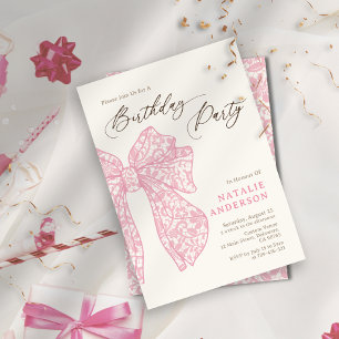 Girl Script Pink Floral Lace Bow Geburtstagsparty Einladung
