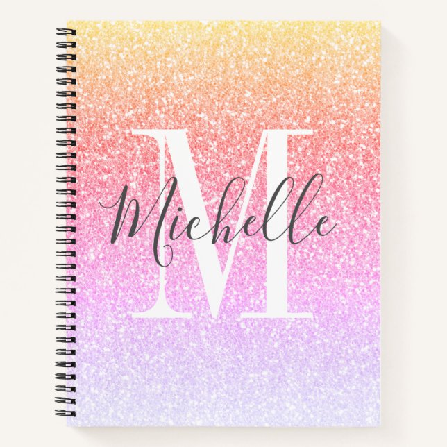 Girl Script Rainbow Glitzer Glitzern Monogram Notizbuch (Vorderseite)