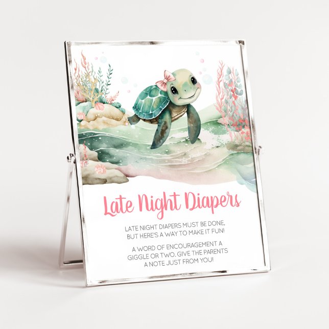 Girl Sea Turtle Baby Dusche Spate Night Diapers Poster (A Little Hatching Is On the Way Baby Shower Late Night Diapers Sign)