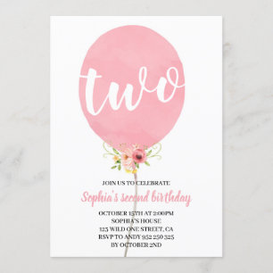Girl Second Birthday Pink Balloon Einladung