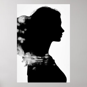 Girl Silhouette Landschaftlich Schwarz & Weiß Mode Poster