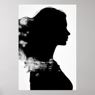 Girl Silhouette Landschaftlich Schwarz & Weiß Mode Poster