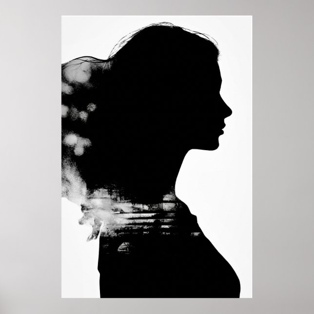 Girl Silhouette Landschaftlich Schwarz & Weiß Mode Poster (Vorne)