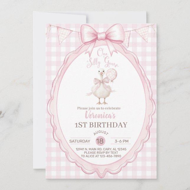 Girl Silly Goose 1st first birthday invite, goose. Einladung (Vorderseite)