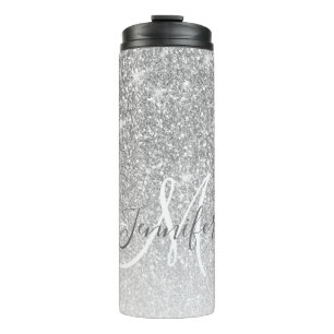 Girl Silver Glitzer Blush Monogram Name  Thermosbecher