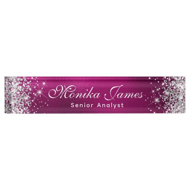 Girl Silver Glitzer Hot Pink Foil Ombre Custom Namensplakette (Vorderseite)