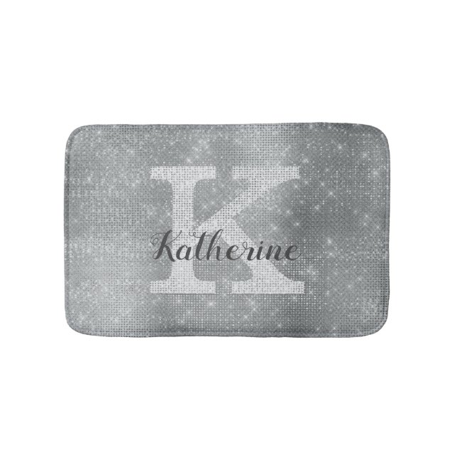 Girl Silver Glitzer Sparkle Glam Monogramm Name Badematte (Vorderseite)