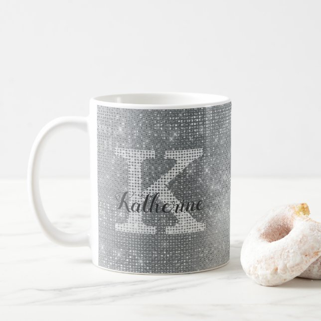Girl Silver Glitzer Sparkle Glam Monogramm Name Kaffeetasse (Mit Donut)