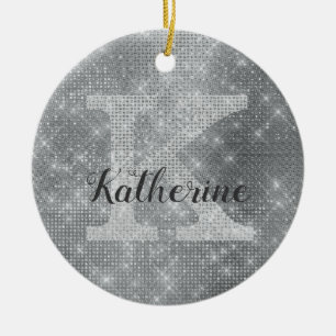 Girl Silver Gray Diamond Sparkle Monogram Name Keramik Ornament