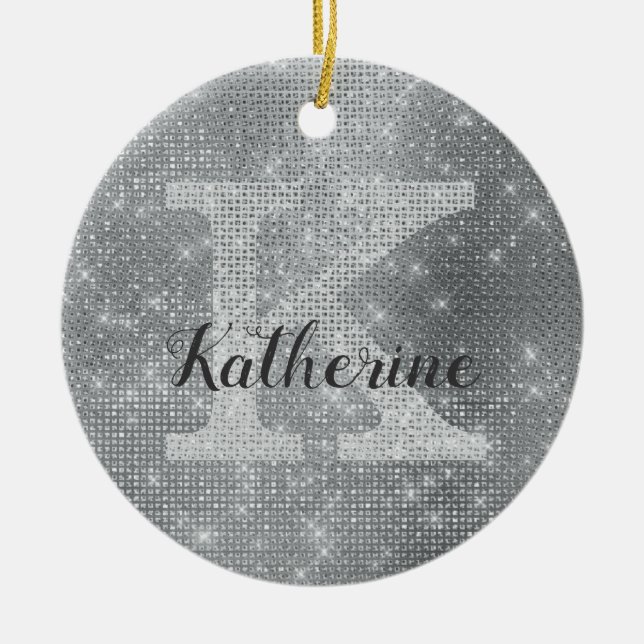Girl Silver Gray Diamond Sparkle Monogram Name Keramik Ornament (Vorne)