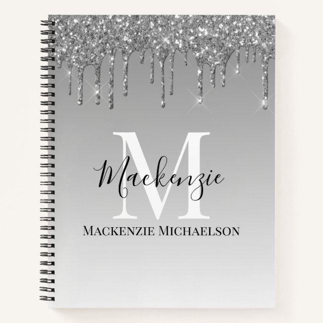 Girl Silver Gray Glitzer Monogram Name Notebook Notizbuch (Vorderseite)