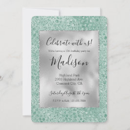 Girl Silver Mint Glitzer Glitz Leopard Einladung