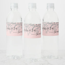 Girl Silver und Blush Pink Monogram Sparkle Wasserflaschenetikett