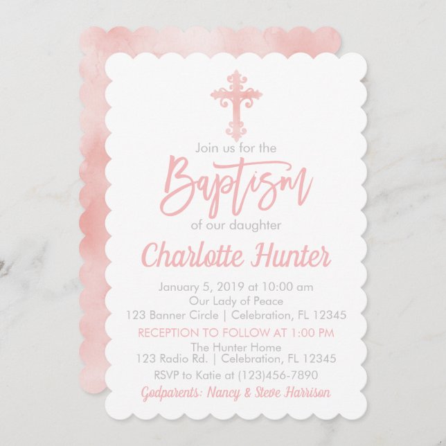 Girl Simple Elegance Pink Taufe Einladung (Vorne/Hinten)