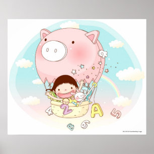 Girl sitting in hot air balloon, smiling poster