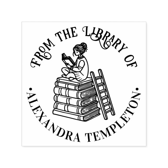 Girl Sitting on Books Reading #3 Library Book Name Permastempel (Design)