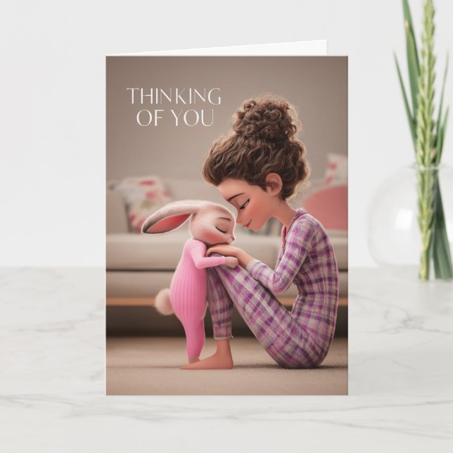 Girl Sitting with Bunny in Pajamas Thinking of You Karte (Vorderseite)