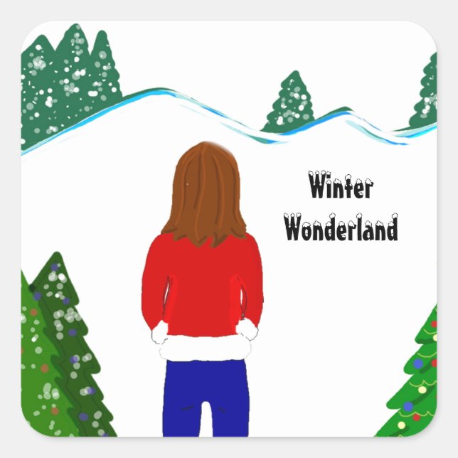 Girl Snowy Winter Wonderland Quadratischer Aufkleber (Vorderseite)