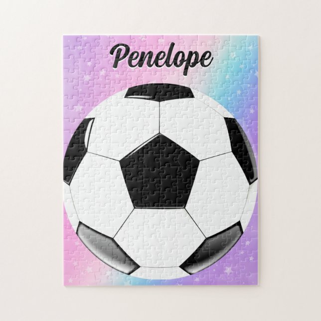 Girl Soccer Ball Pastel Stars Personalisierter Nam Puzzle (Vertikal)