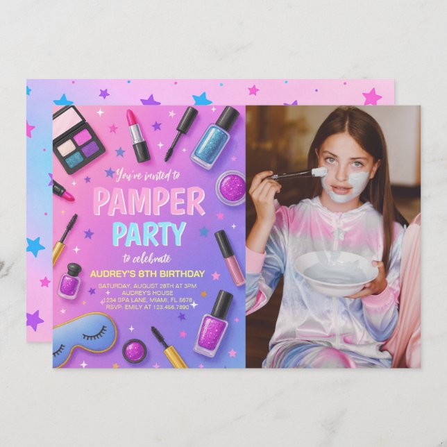 Girl Spa Pamper Party Birthday Photo Invitation Einladung (Vorne/Hinten)
