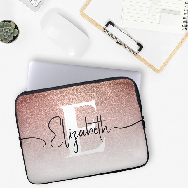 Girl Sparkle Rose Gold Glitzer White Mit Monogramm Laptopschutzhülle (Von Creator hochgeladen)