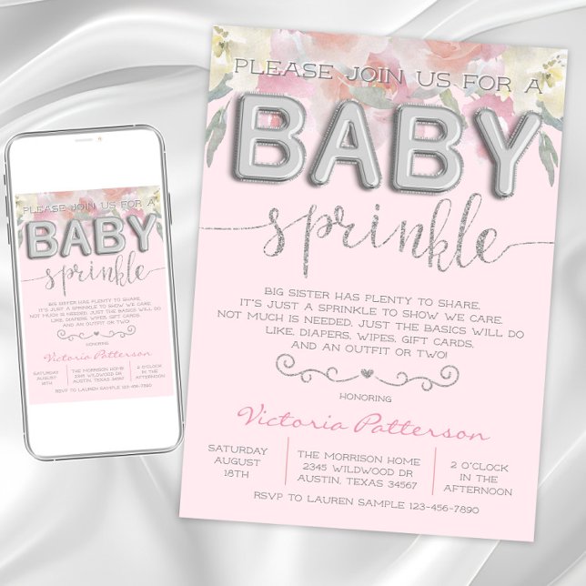 Girl Sprinkle Baby Dusche Wasserfarben Foil Balloo Einladung (Pretty pink sprinkle baby shower invitation. Instant download and printed invitations available.)