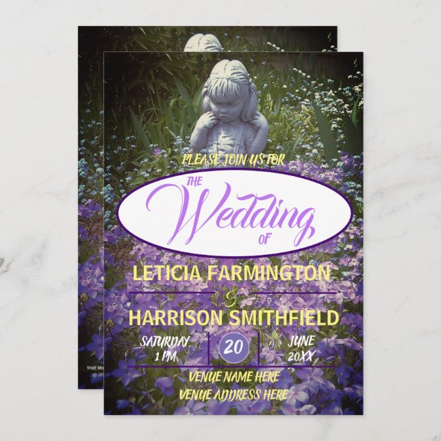 Girl Statue mit blauer violetter Phlox vergiss-me- Einladung (Vorne/Hinten)