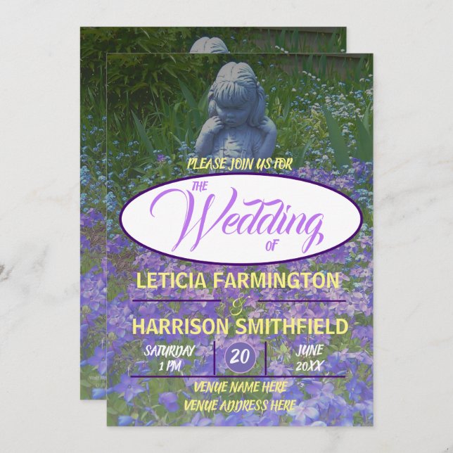 Girl Statue mit blauer violetter Phlox vergiss-me- Einladung (Vorne/Hinten)