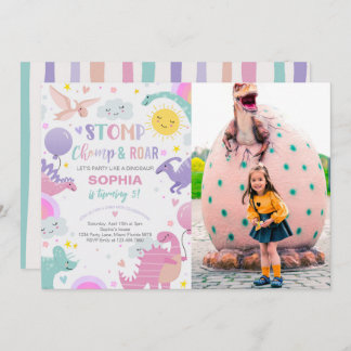 Girl Stomp Chomp & Roar Dinosaur Geburtstags-Foto Einladung