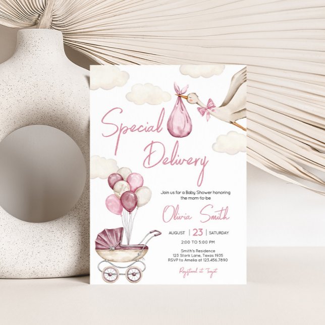 Girl Storck Special Delivery Baby Dusche Einladung (Pink Storck Special Delivery Baby Shower Invitation)