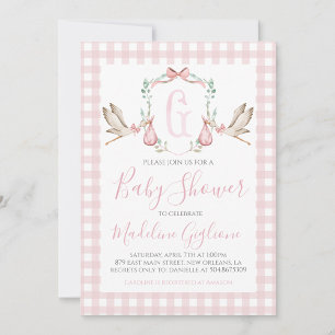Girl Stork Baby Shower Preppy Gingham Pink Einladung