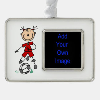 Girl Strichmännchen Soccer Red Uniform Rahmen-Ornament Silber