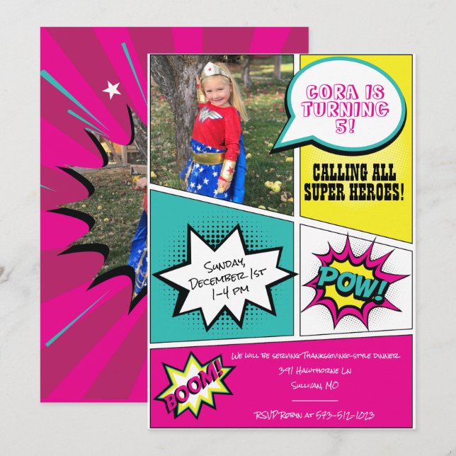 Girl Super Hero Birthday Party Einladung (Vorne/Hinten)