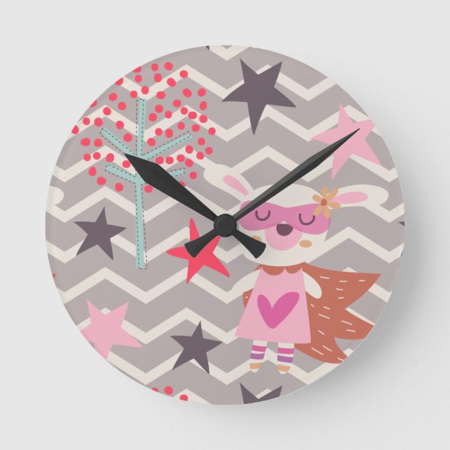 Girl Superhero Bunny Runde Wanduhr (Vorderseite)