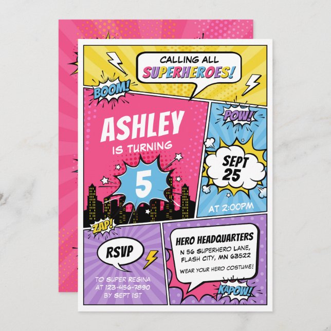 Girl Superhero Comic Geburtstagseinladung Einladung (Vorne/Hinten)
