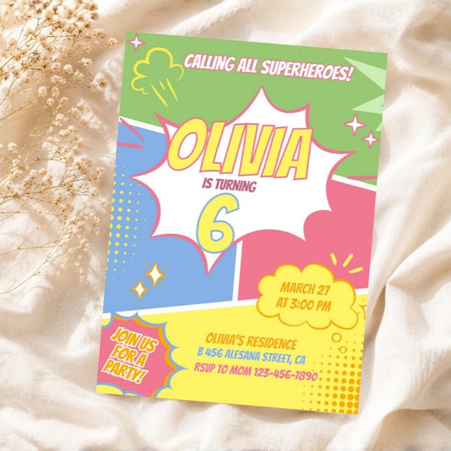 Girl Superhero Einladung zum Geburtstag Pastel Pin (Girl Superhero Birthday Invitation Pastel Pink)