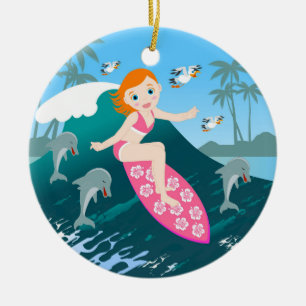 Girl Surfing Big Wave with Dolphins Keramikornament