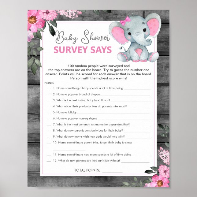 Girl Survey sagt Kinderdusche Spielpink Elefant Poster (Vorne)